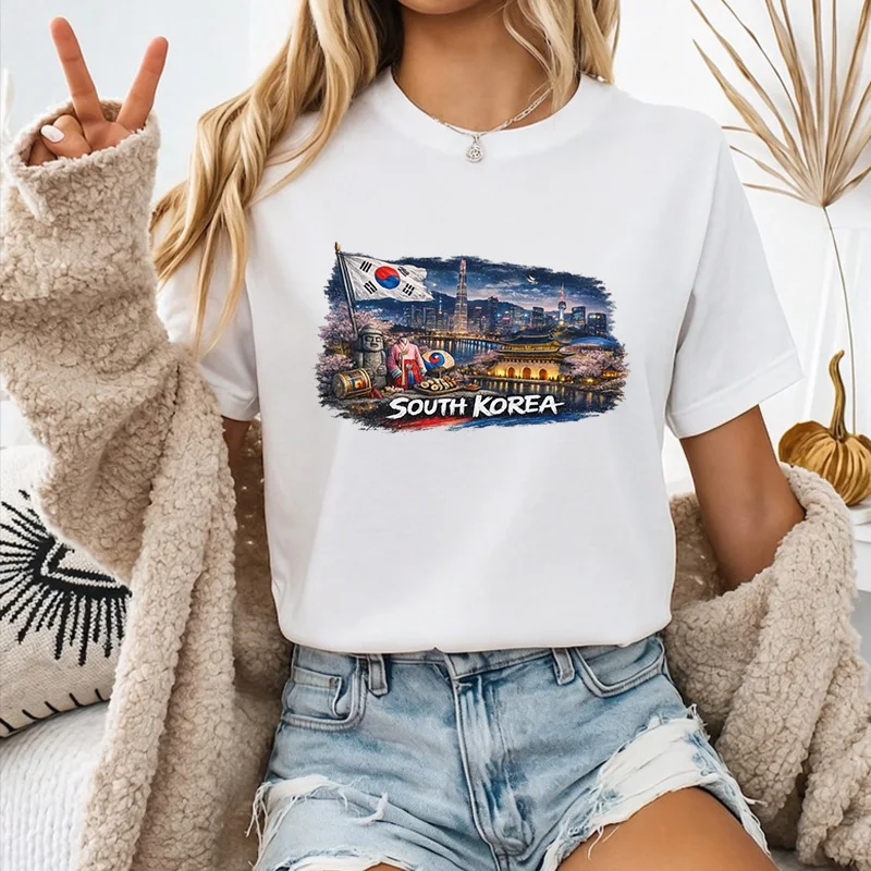 Unisex Vintage South Korea Landmark Hanbok Taegukgi Floral Collage Graphic T Shirt Korean Heritage Culture Daily Streetwear Top