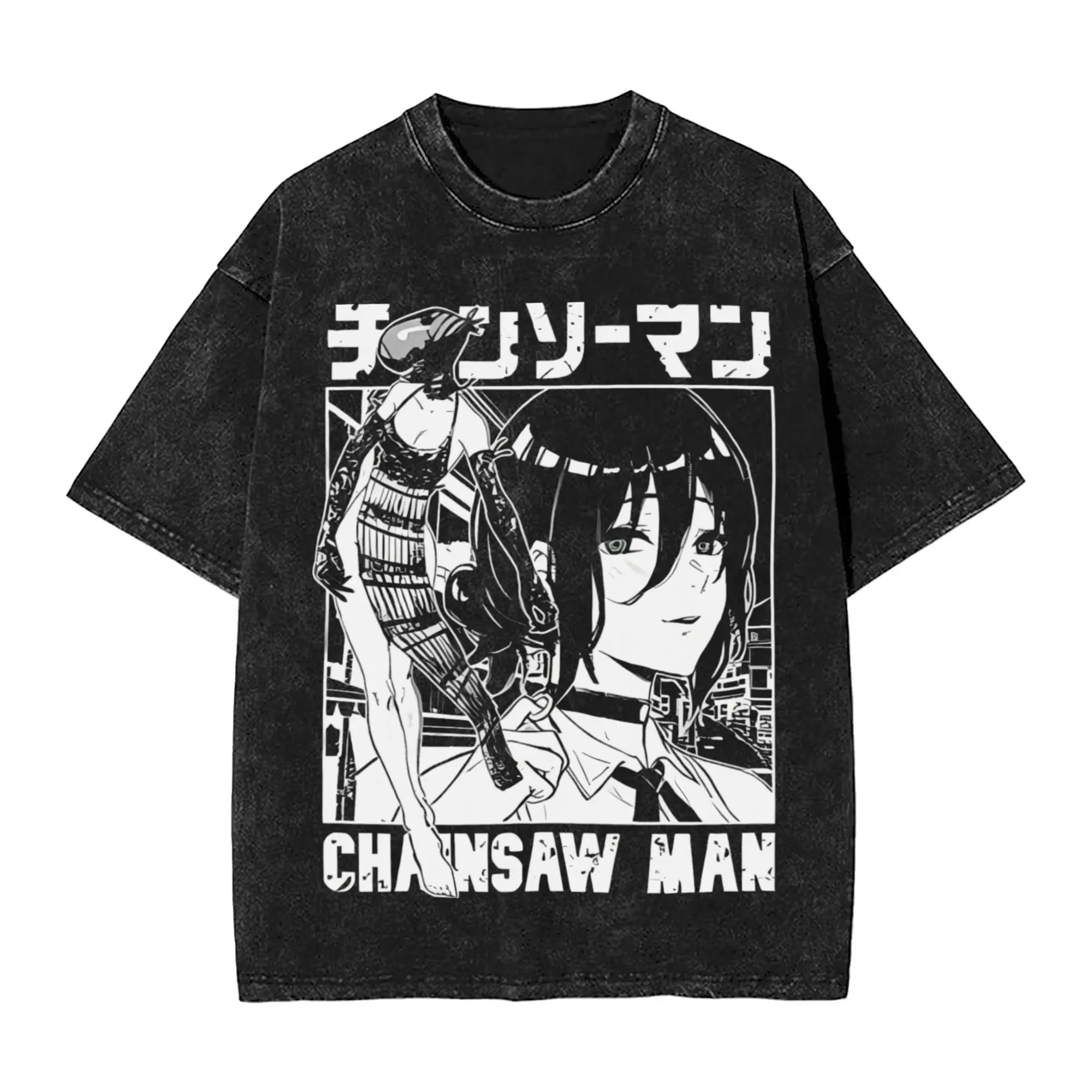 Chainsaw Man Reze Washed T Shirt Streetwear Hip Hop Fashion T-Shirt Anime Movie Tees Tops Men Women 100% Cotton Oversize Printed