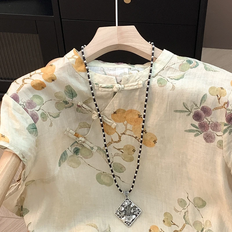 Novo sle chinês ort sve irt camiseta feminina de comprimento médio com estampa de flor de ameixa verão frente aberta bule top algodão linho...
