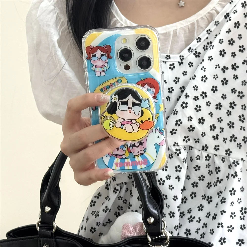 

Korean INS funny cartoon girls phone case protection cover for iPhone 13 14 15 16 Pro Max Fundas cute Magnetic stand phone case