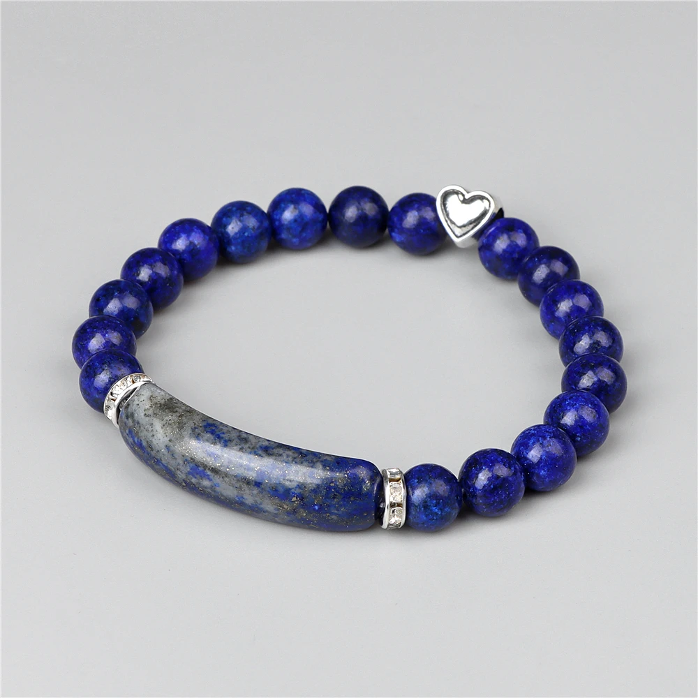 Rectangle Bar Connector Bracelets Handmade Natural Stone Tiger Eye Elastic Bracelets Healing Silver Color Heart Charm Bracelets