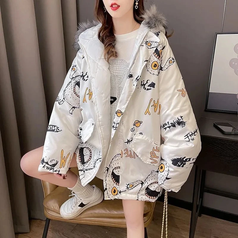 2025년 신상 여성 겨울 다운 코튼 코트, 여성용 만화 프린트 소매 파카, 두꺼운 아우터 탑