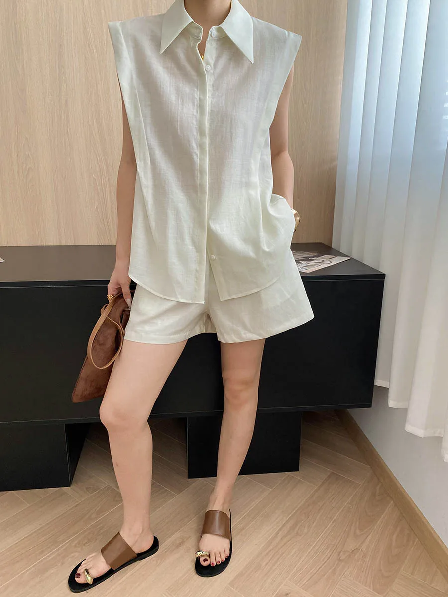 

Summer women's casual solid color collar short sleeved shirt+high waisted loose shorts set