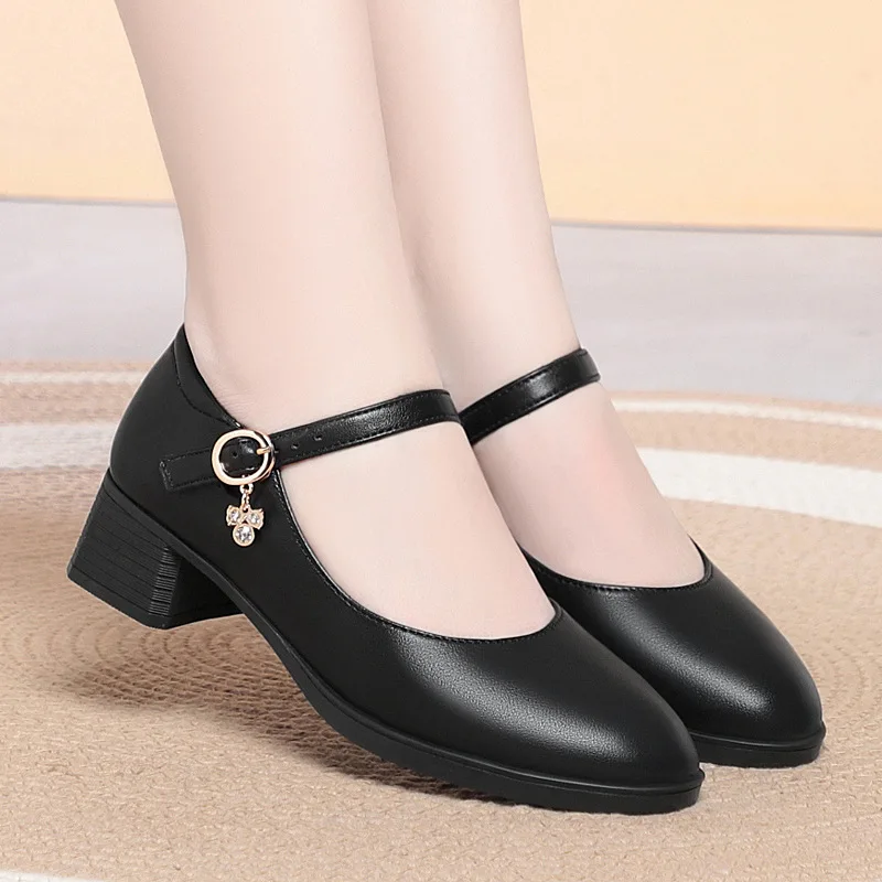 

4cm Breathable Breathable Shallow Soft Leather Shoes Women Mary Janes 2026 Spring Block Heel Single Shoes for Office Mom Daily
