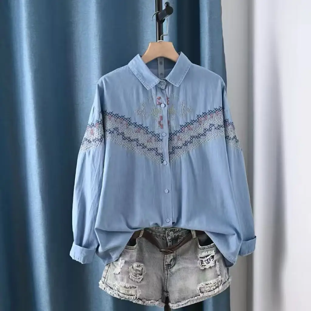 100% Cotton Denim Shirts Women Korean Fashion Harajuku y2k Embroidery Jean Blouse Mori Girl Lapel Long Sleeve Denim Cardigan