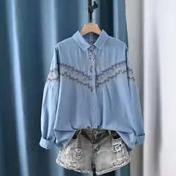 100% Cotton Denim Shirts Women Korean Fashion Harajuku y2k Embroidery Jean Blouse Mori Girl Lapel Long Sleeve Denim Cardigan