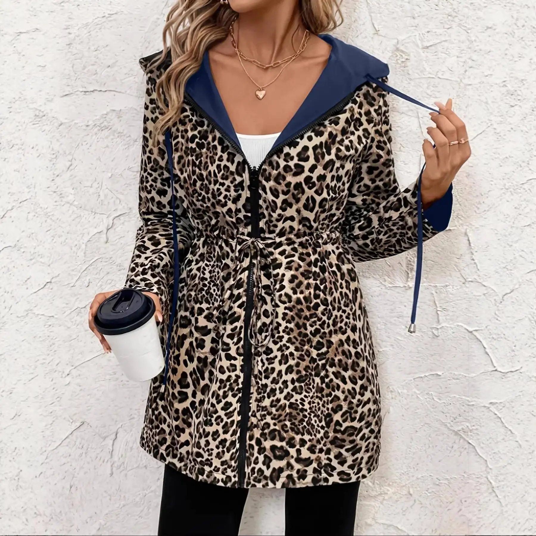 

Double-Sided Wear Midi Length Casual Thin Women's Coat Leopard Print Fashionable Spring Autumn Women's Outerwear