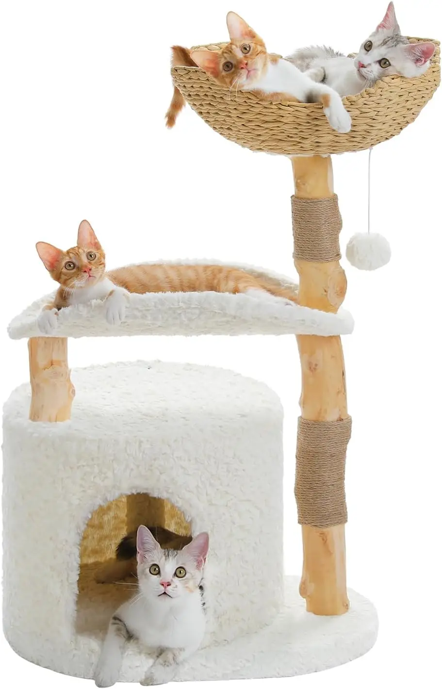 

Modern Cat Tree for Large Cats,Natural Wood Cat Tower with Large Wicker Basket, Spacious Condo and Curved Platform