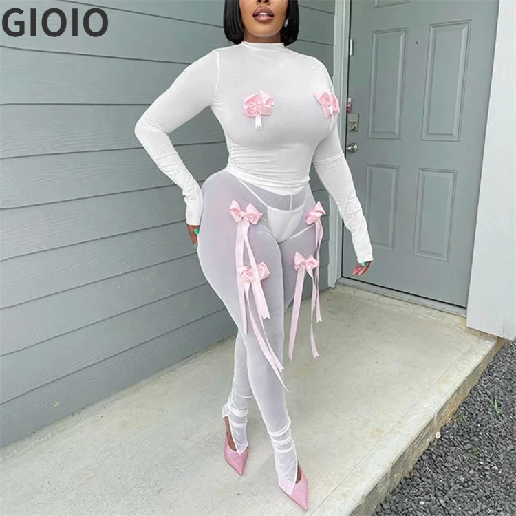 GIOIO Summer Fashion Y2K Bow Ribbon 2 Piece Set Sexy Midnight Club Outfits For Woman 2024 Mesh See Through Crop Tops Pants Set