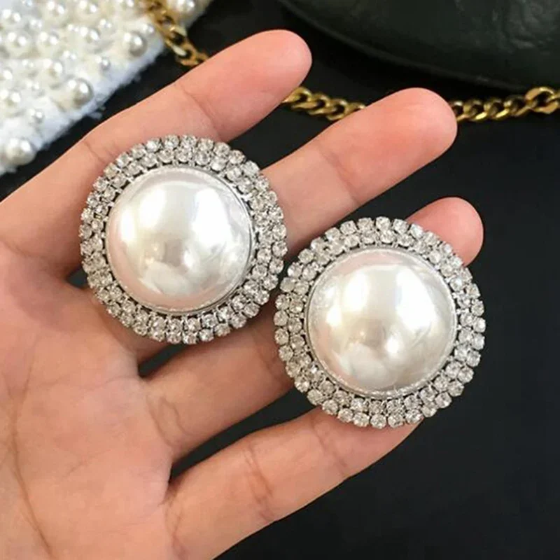 Exaggerated Rhinestone Crystal Stud Earrings For Women Vintage Big Imitation Pearls Elegant Party Wedding Ear Jewelry wholesale