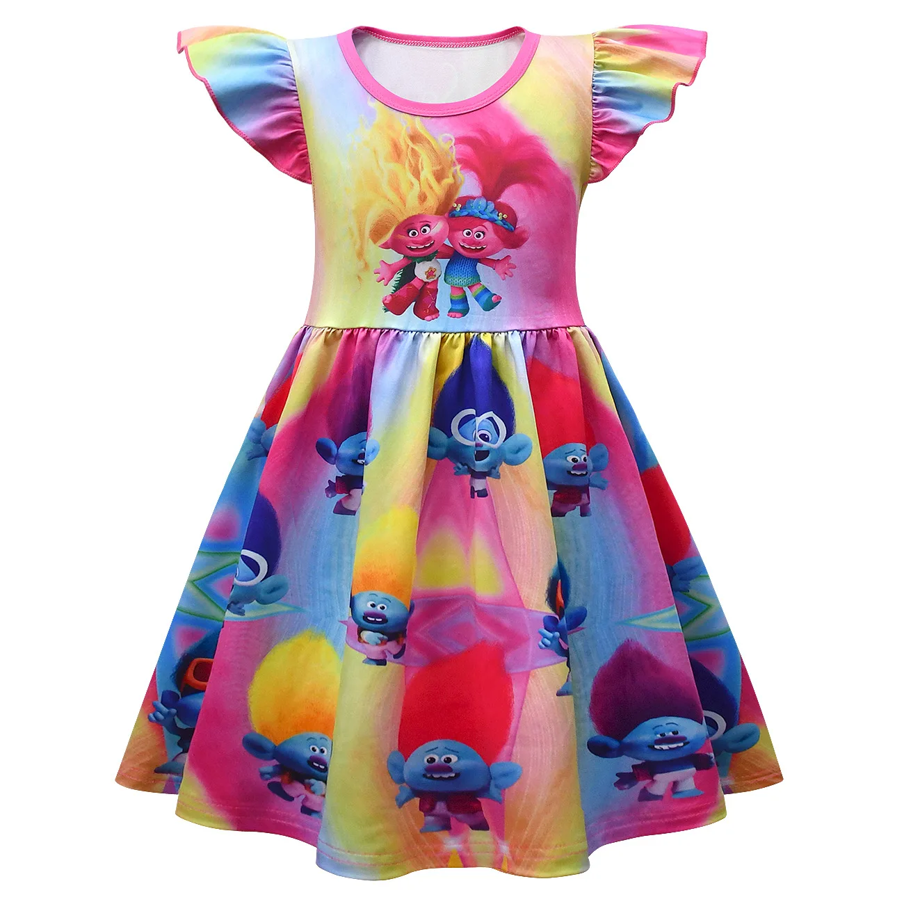 

2024 New Children's Cartoon Dress Trolls3 Magic Hair Elf 3 Girls' Flying Sleeves A-line Dress