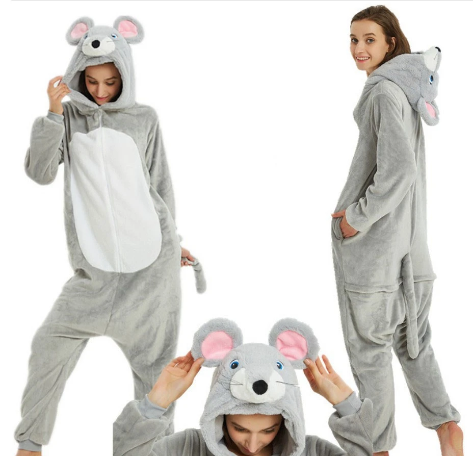 Yeni pazen gri fare oneonekigurumi yetişkin gri sıçan pijama gecelik Cosplay kostüm hayvan pijama Set