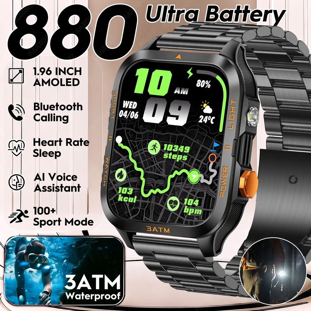 

880mAh Military Outdoor Smartwatch 1.96 inches LED flashlight 3ATM waterproof Heart rate sleep Bluetooth call sport watches 2026