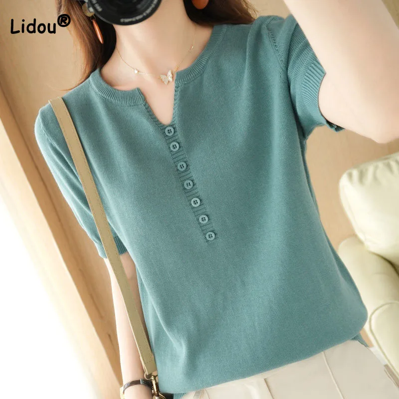 Elegant All-match Solid Color Knitted Tops for Female Summer Button Spliced Simplicity Fashion V-Neck T-shirt Women\'s Clothing