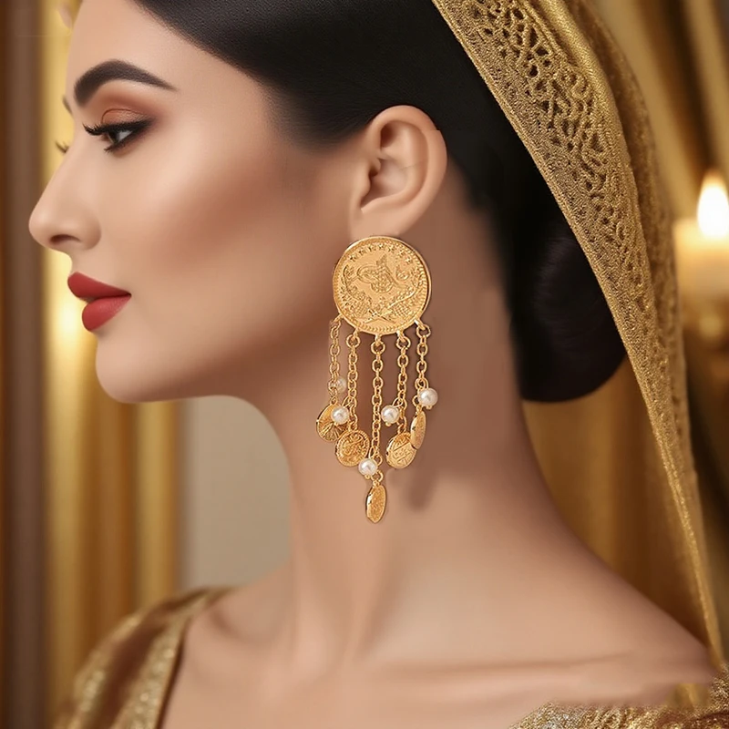 Turkish Kurd Coin Earring Gold Color Arabic Middle East Bridal Ear Drop Muslim Women Dangle Earrings Wedding Jewelry