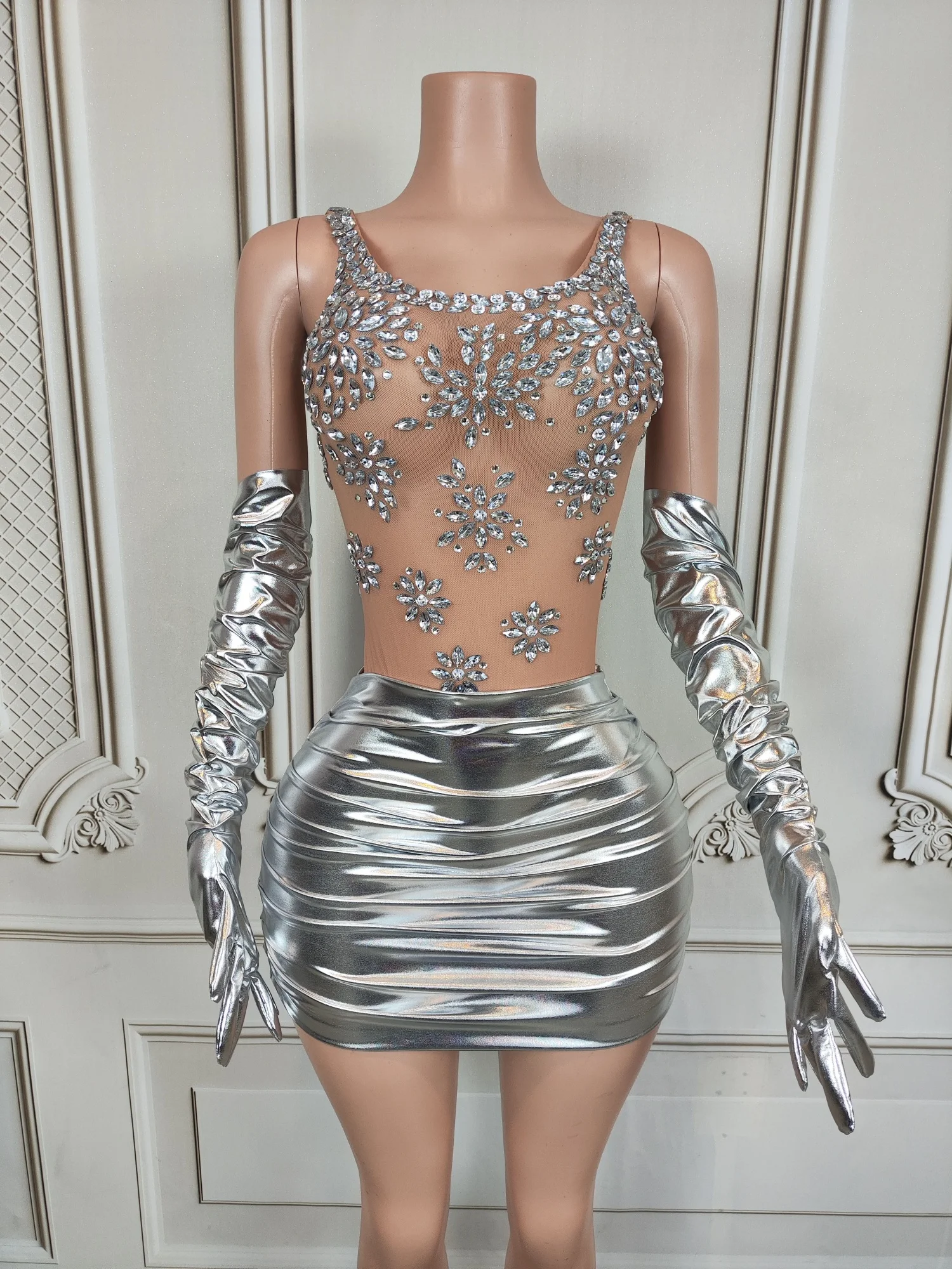 Yaori Womens Luxury Silver Rhinestone Sheer Mesh Bodysuit With Metallic Mini Skirt And Gloves Party Club Stage Outfit