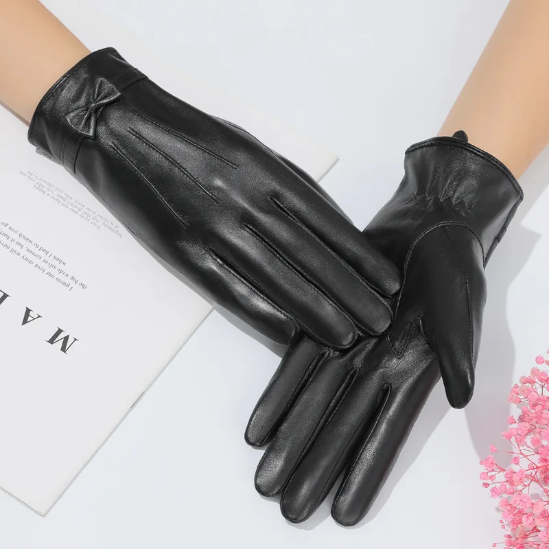 

Real Leather Gloves Female Winter Keep Warm Plus Velvet Thicken Windbreak Sheepskin Women Gloves Touchscreen YSW0054