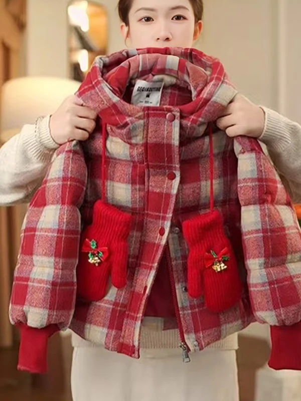 

Trendy Girls Winter Cotton Jaet 2025 Sle Plaid Fce Lined Thiened Hooded Coat Sweet Versatile for Young Ladies