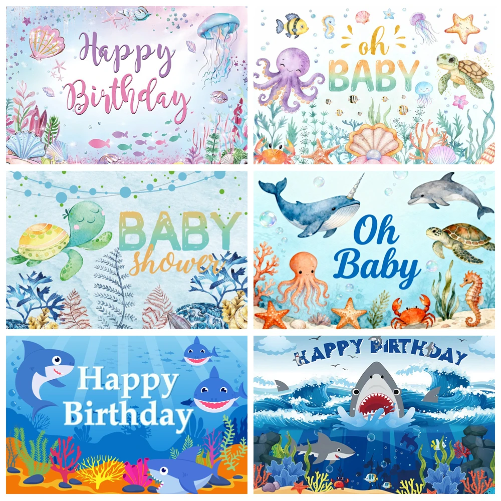 Underwater World Birthday Backdrop Cartoon Fish Dolphin Whale Girls Princess Birthday Party Baby Shower Photography Background