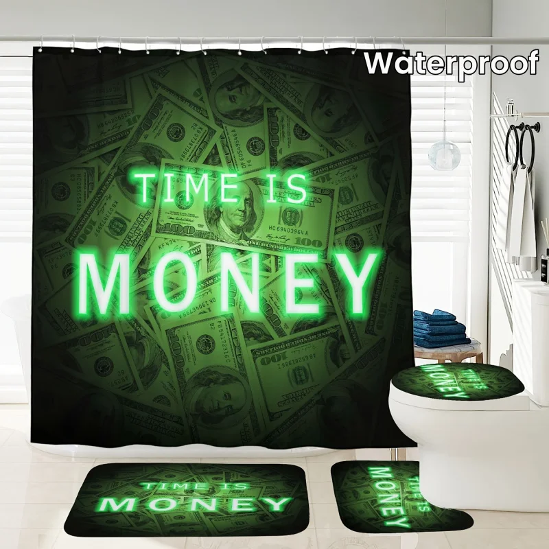 1/3/4PCs money slogans pattern digital printed waterproof shower curtain set with 12 plastic hooks, 72 