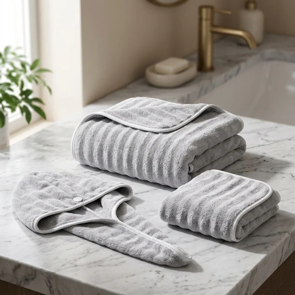 Lint Free Fabric Coral Fleece Towel Set For Post-shower Drying Machine-washable Thickened Coral Fleece For Sensitive Skin