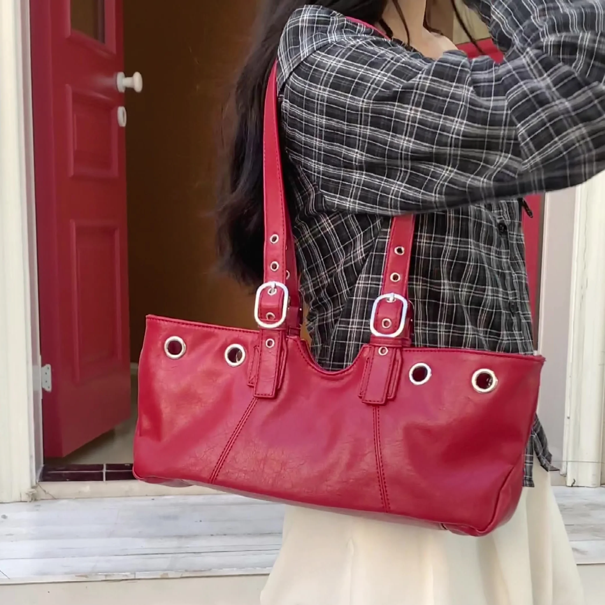 

Vintage rivet female Armpit bag pu leather ladies handbag Y2K design women Shoulder bags bolsa feminina moto biker totes