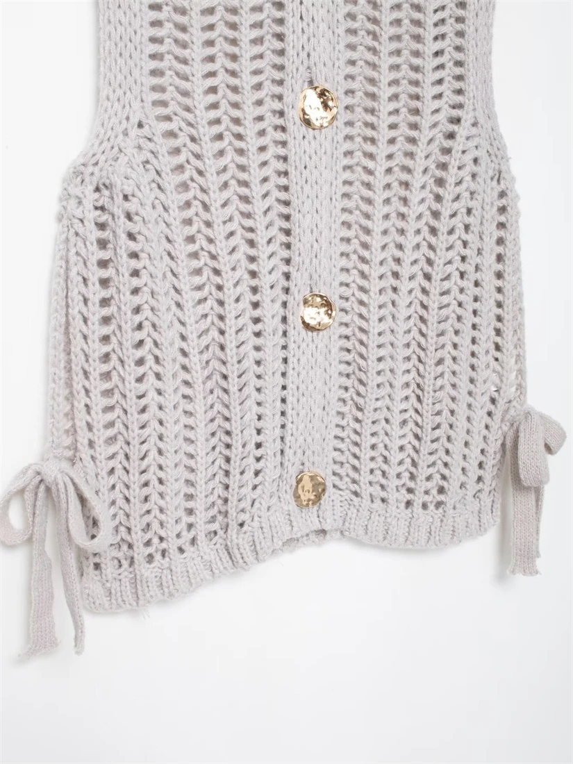 Dames 2025, mouwloze dikke naaldtop in goud met enkele rij knoopontwerp, modieuze nieuwe tops voor dames