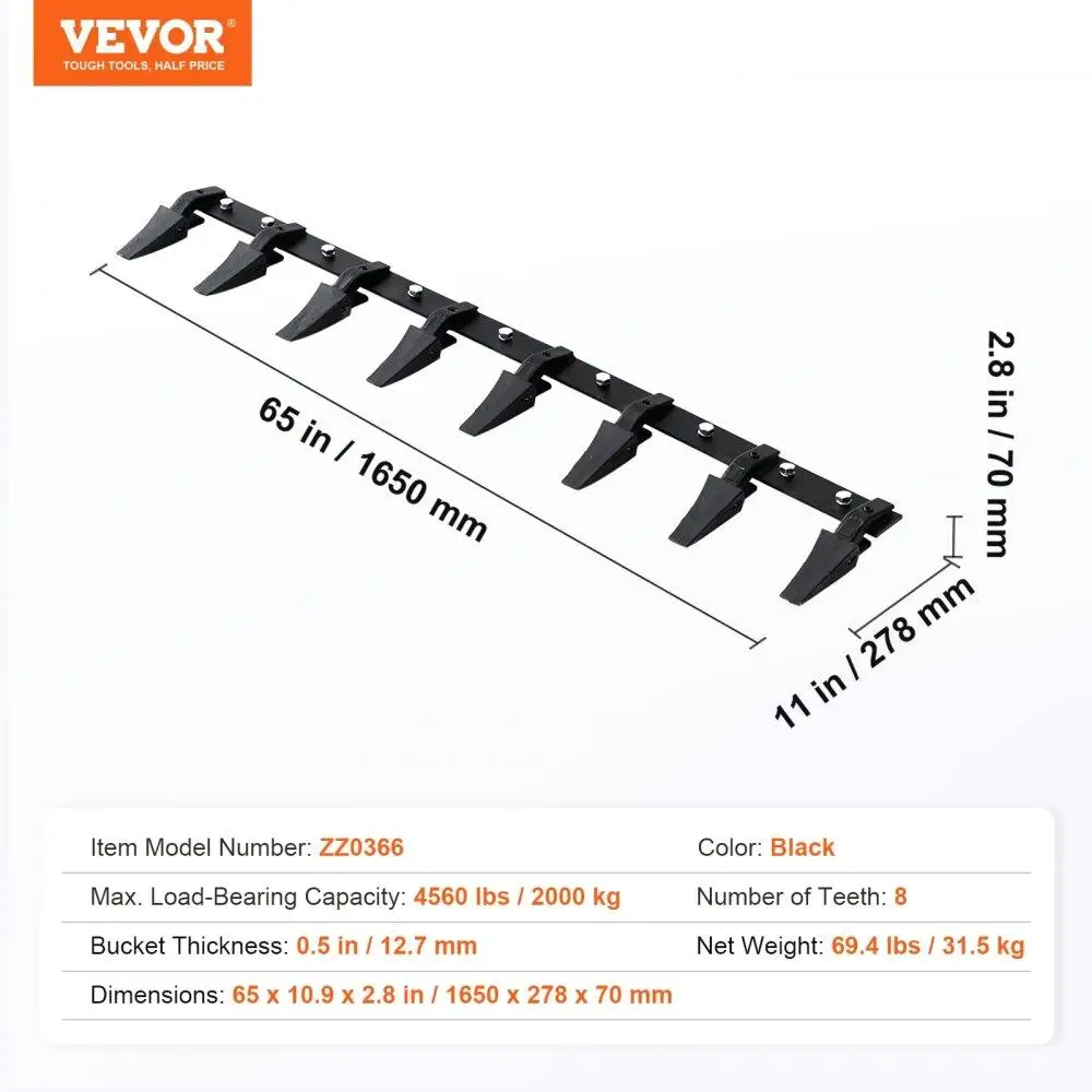 66'' Heavy Duty Bucket Tooth Bar with 8 Teeth for Tractor for loader & Skid Steer - 4560 lbs Capacity, Bolt-On Design for Soil