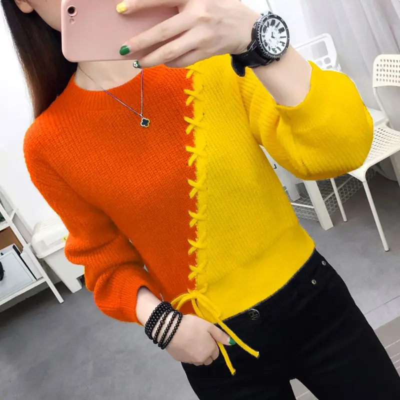 Autumn Winter Women Sweaters Pullover New Korean Long Sleeve Lace Up Spliced Round Neck Contrast Color Knit Sweaters Female Tops