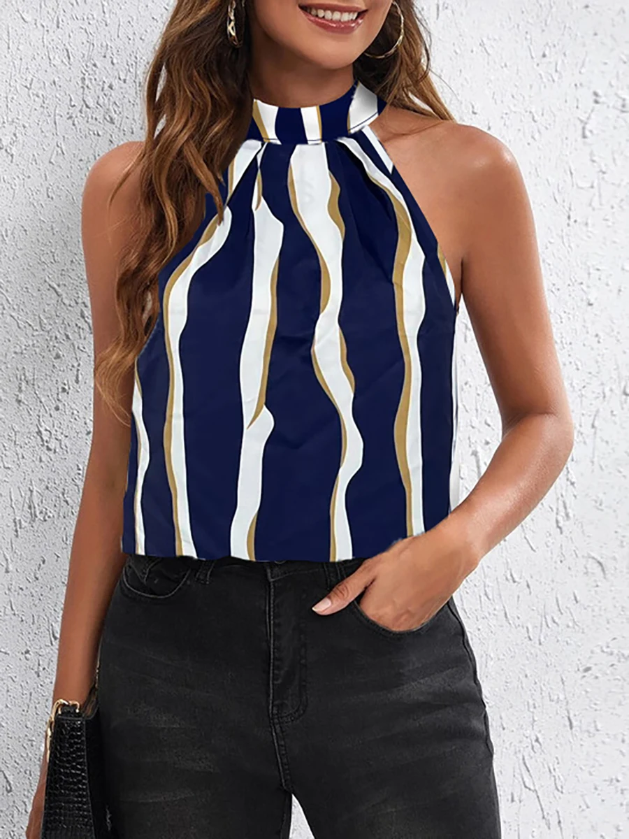 Damen-Tanktop mit Neckholder-Ausschnitt, gestreift, Satin, normale Passform, elegantes Tanktop, Valentinstag, Frühling, Sommer, schickes Tanktop, tägliches leichtes Top