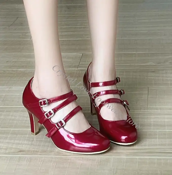 Elegant Wine Red Beige White Three Straps Kitten Heel Pumps Women Small Round Mary Janes Banquet Zapatos Woman Lolita Shoes