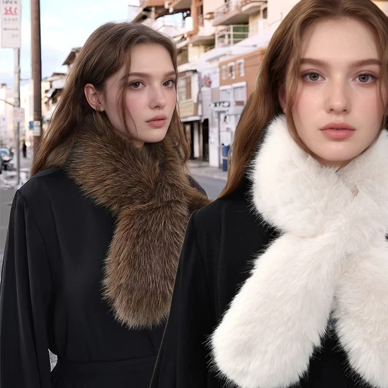 

Новый зимний шарф из лисьего волоса для женщин, воротник из искусственного меха, зимний универсальный утолщенный теплый шарф, короткий шерстяной шейный платок с крестом