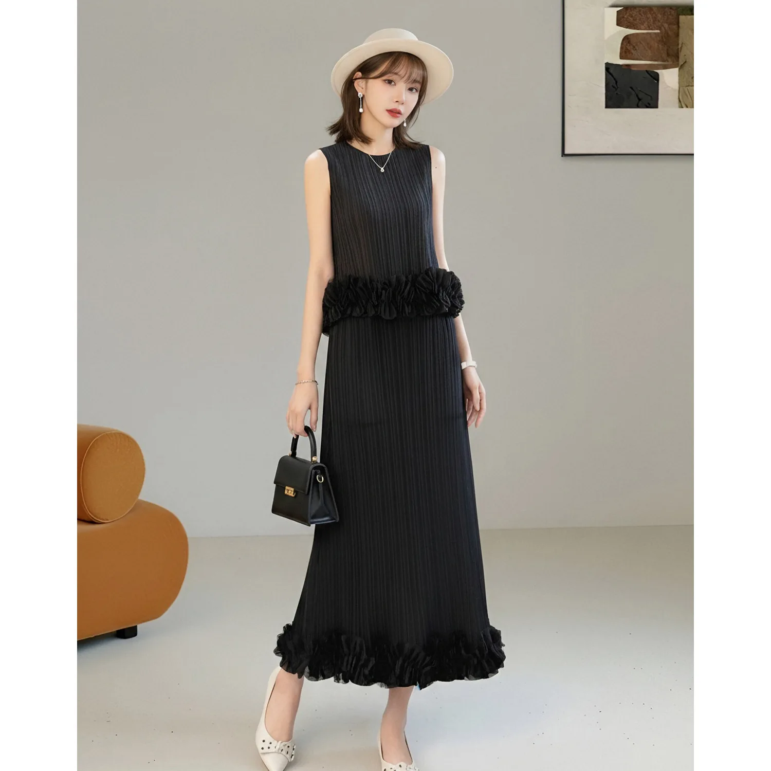 Miyake Pleated Women's Casual Suit 2026 Summer New Solid Color Three-dimensional Flower Sleeveless Top and Skirt Two-piece Set