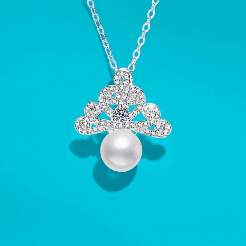 

S925 Silver Crown Ice Crystal Pendant Necklace with Natural Freshwater Pearl GBA Certified High-End Jewelry for Women Gift Box