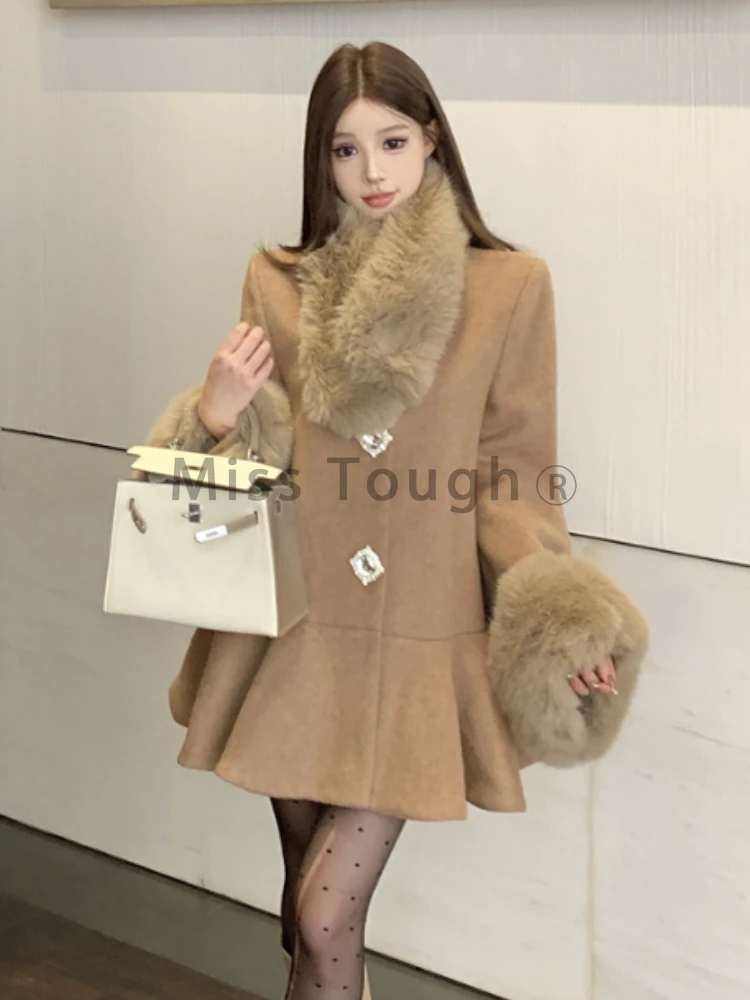 Winter France Elegant Loose Long Sleeve Coat Women High Street Chic Lint Thin Solid Long Overcoat Fashion Retro O Neck Coat New