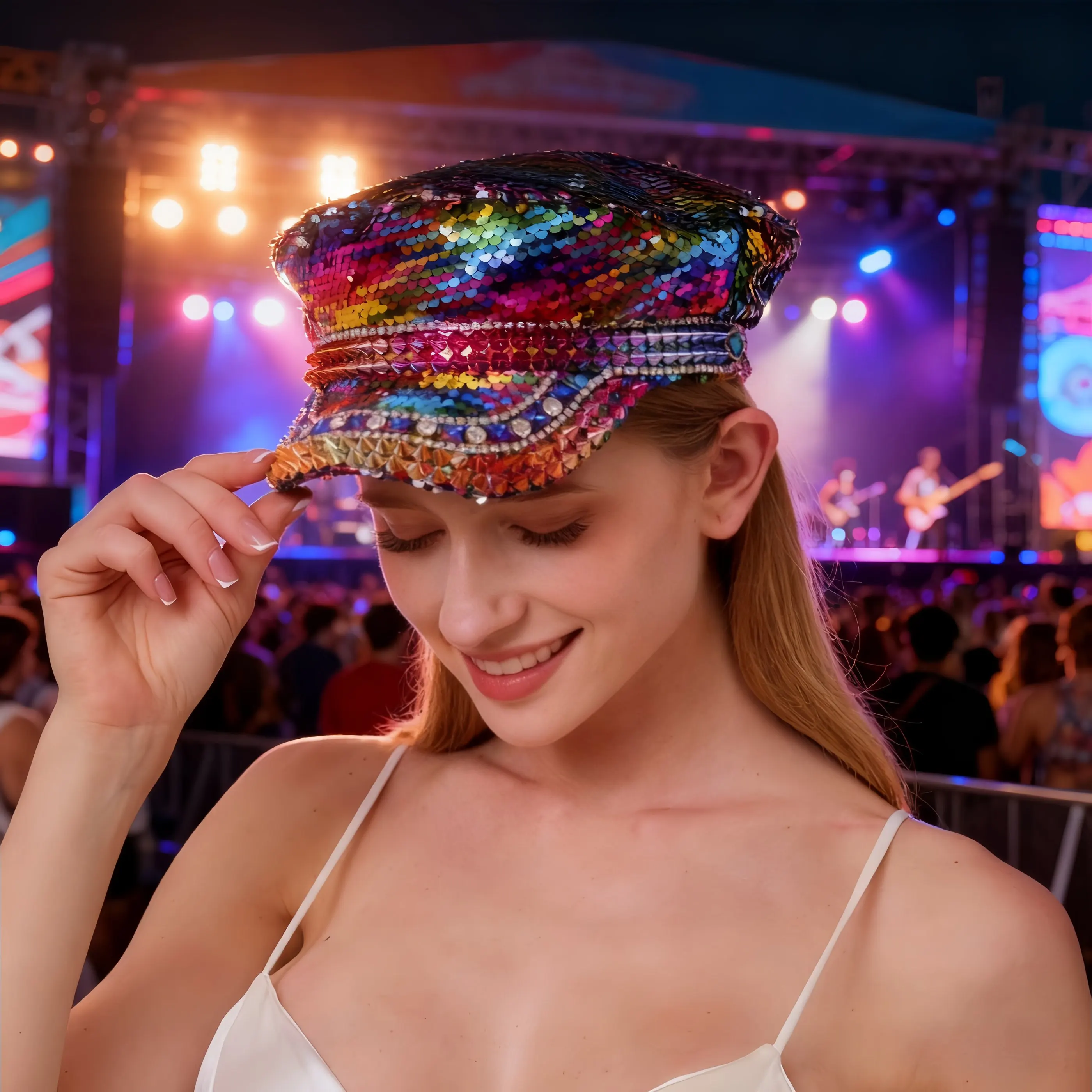 

HongLuan диско блестящая красочная шляпа капитана в стиле стимпанк с блестками для женщин, музыкального фестиваля, военные аксессуары и военная кепка для мужчин