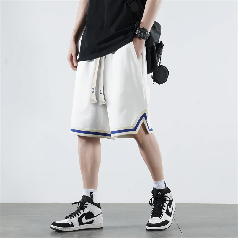 Fashion Sports Solid Color Knee Pants Korean Spliced Summer Loose Young Style Men's Clothing Drawstring Elastic Casual Shorts