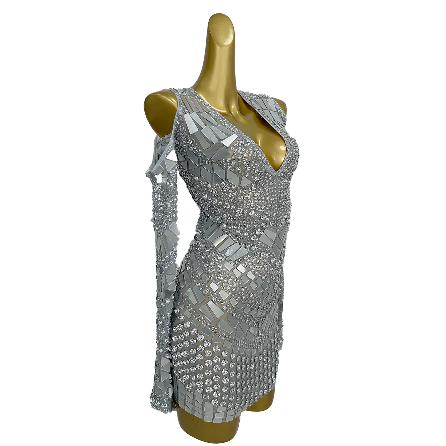 Women Sexy Deep V Neck Dress Sheer Mesh Mini Dress Prom Nightclub Birthday Show Wear Shine Rhinestone Sequins Off shoulder Dress