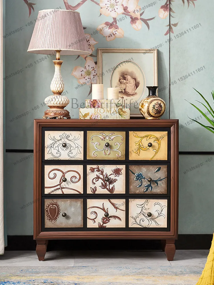 XX. American solid wood three-bucket cabinet bedroom drawer retro painted living room furniture storage cabinet
