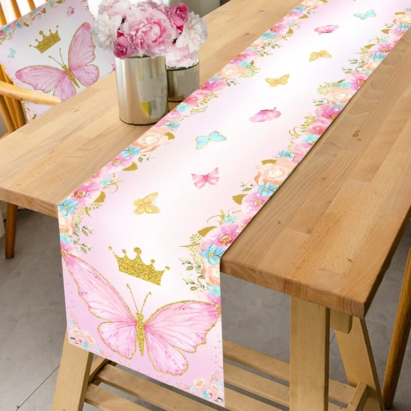 1pc Pink Butterfly Themed Polyester Table Runner Table Flag For Butterfly Birthday Baby Shower Wedding Home Holiday Table Decor