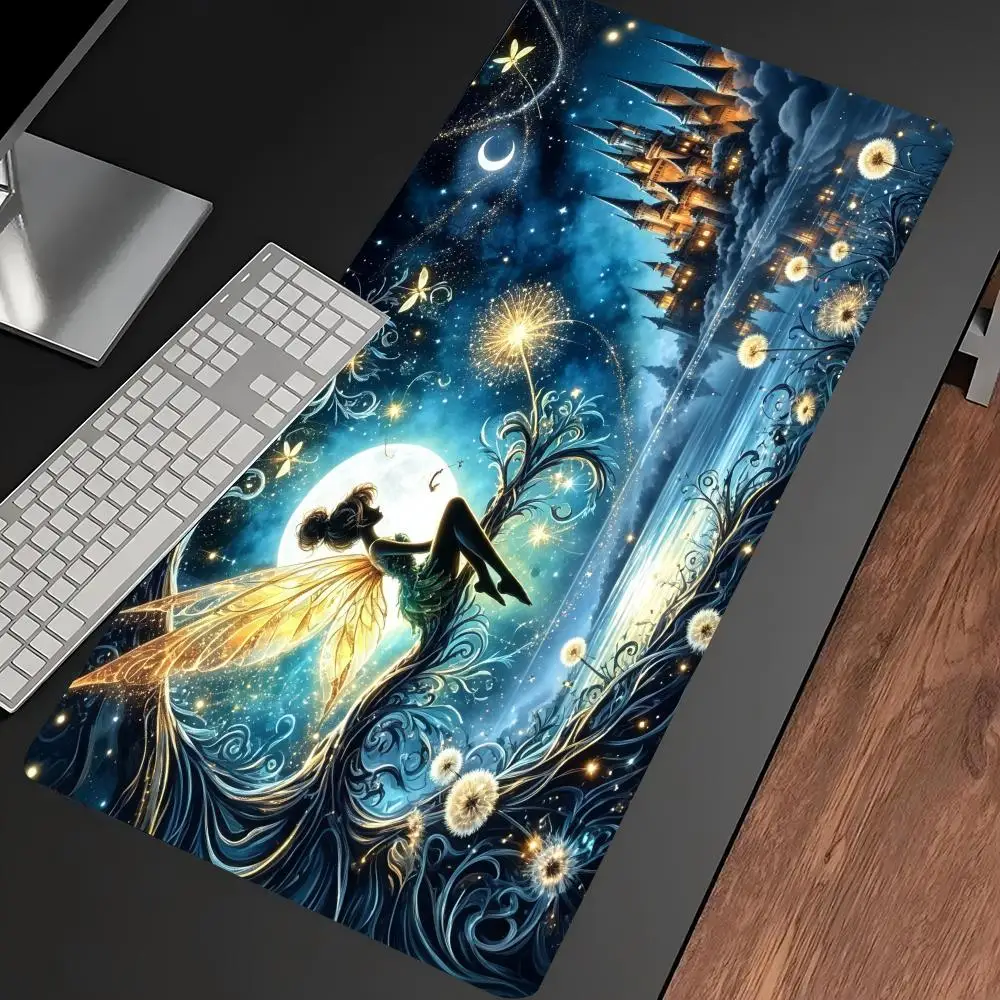 Magical Moonlight Fairy Art Print Gaming Mouse Pad Large Desk Mat Anti-Slip Rubber Base Stitched Edge Keyboard Mat For Office