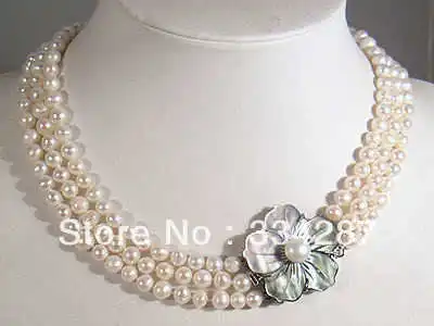 

natural freshwater 3Rows 7-8mm White Pearl Necklace Shell Clasp 18INCH