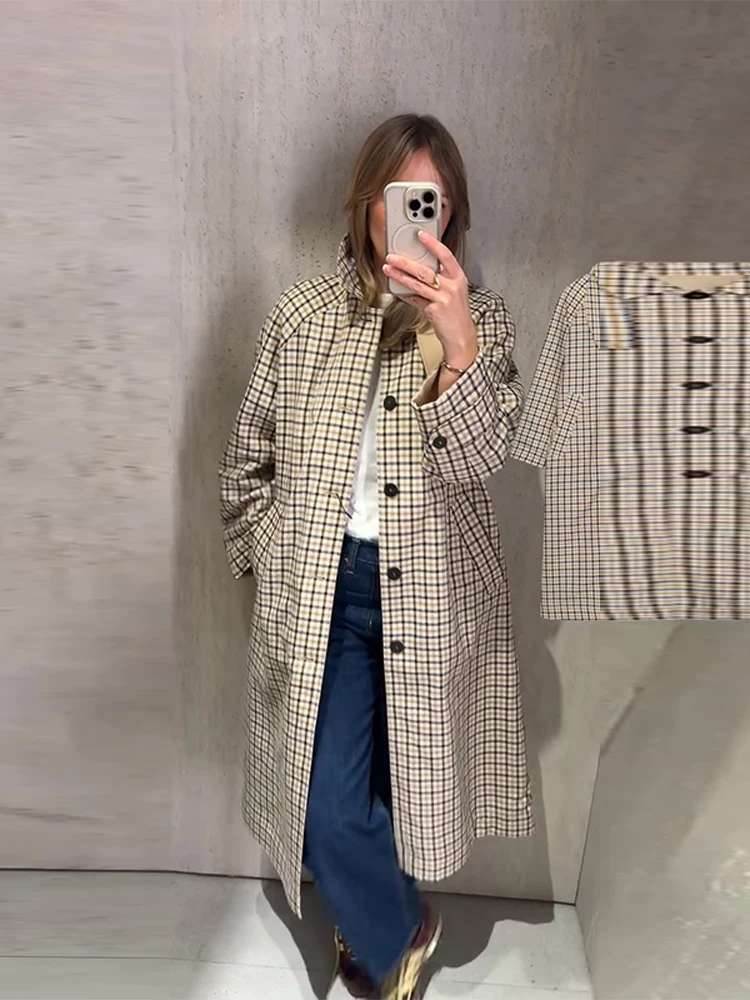 Long Trench Casual Double Side Women's Coat Single Breasted Lapel Pockets Full Sleeve Plaid Windbreaker 2026 Lady Spring Autumn