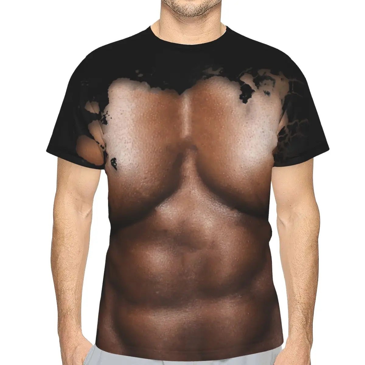 Realistic Chest Six Pack Fake Abs Muscle Man Round Collar Polyester TShirt Original Thin T Shirt Men Clothes Hot Sale