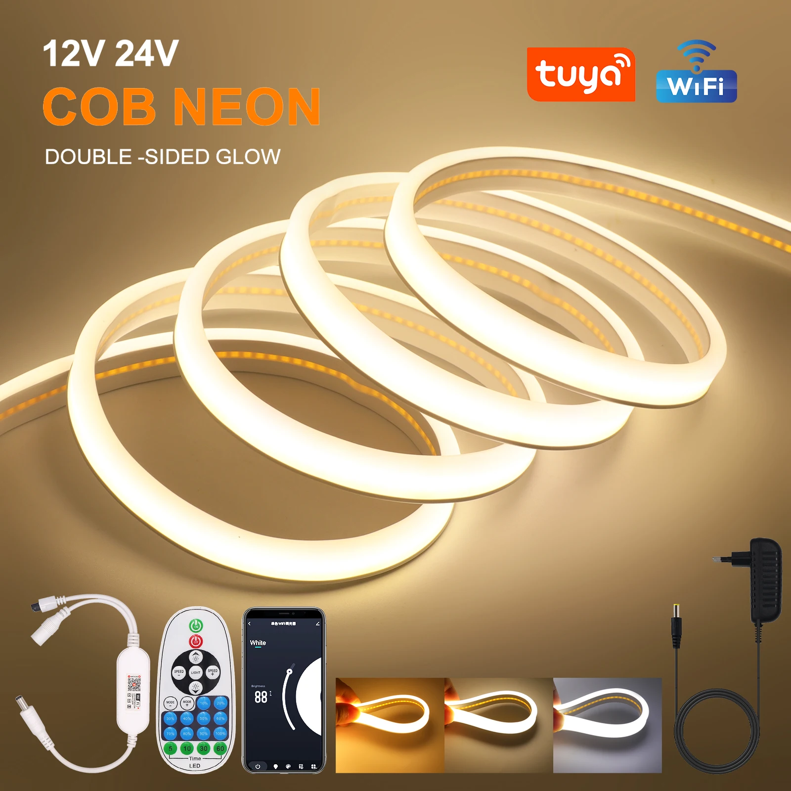 

Tuya WiFi COB LED Strip Neon Light DC24V 12V 320Leds/m Flexible Ribbon Tape Backlight DIY Home Decor work with Alexa Google Home