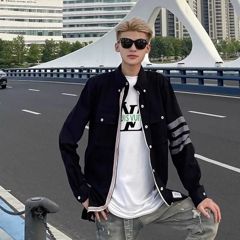 

American High Street Zipper Splice Long Sve irt ex Casual Design Versatile Couple Trendy Autumn Polyester Fiber