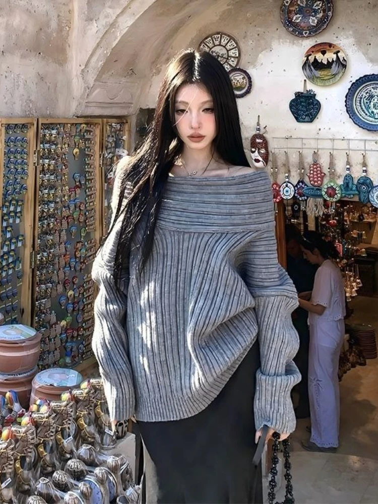 

Deeptown Vintage Sexy Off Shoulder Sweaters Women Grey Elegant Korean Style Jumper Slash Neck Harajuku Long Sleeve Pullovers