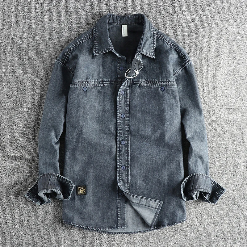 

Heavy Duty Washed Vintage Denim Shirt Men Casual Double Pocket Design Trendy Outerwear Breathable Long Sleeve Sharp Collar