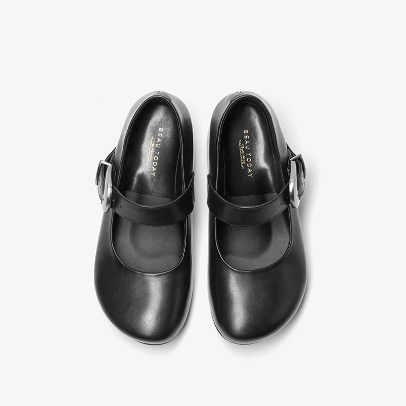 BEAUTODAY Ballet Flats Women Calfskin Leather Round Toe Buckle Strap Mid Heels Mary Janes Ladies Wedge Shoes Handmade 28602