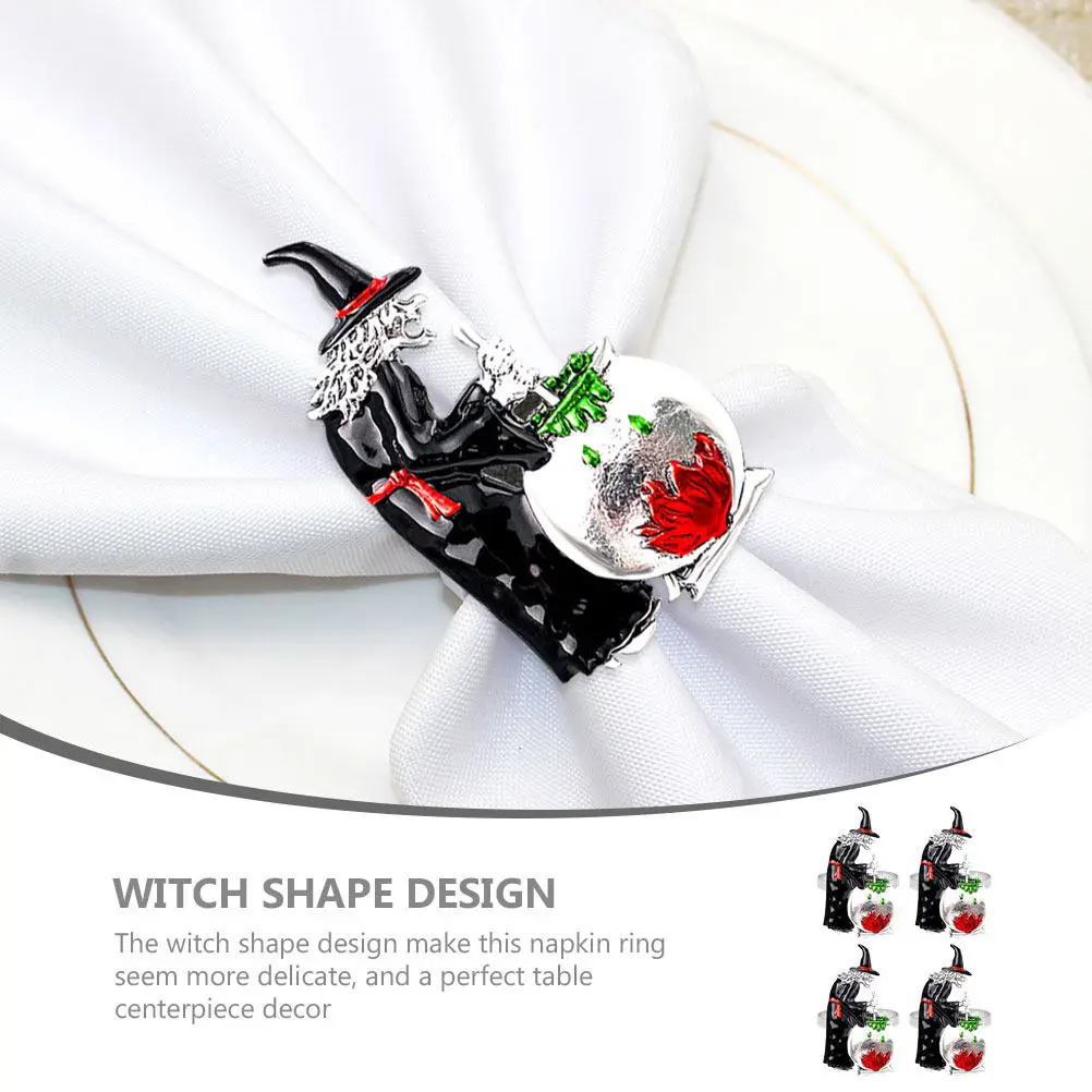 Witch Shape Napkin Rings Set of 4, Metal Table Decor for Halloween and Festive Occasions